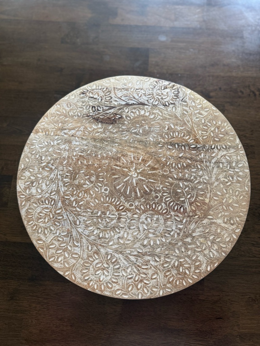 Round Carved Wooden lazy Susan - Floral Pattern, Natural Wood